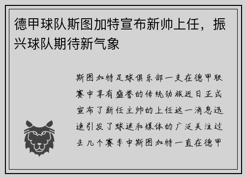 德甲球队斯图加特宣布新帅上任，振兴球队期待新气象